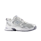 New Balance Men's U530 Grey/Silver running shoes feature mesh uppers, silver accents, and foot pain relief.