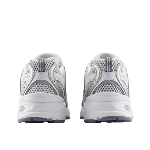NEW BALANCE Men's U530 Grey/Silver shoes, back view, designed for foot pain relief on a white background.