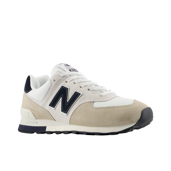 NEW BALANCE U574 Sea Salt/Linen unisex sneaker, beige/white with black N logo, side view on white background.