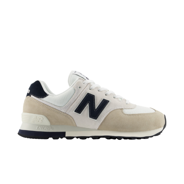 The New Balance U574 Sea Salt/Linen unisex sneaker features a side black N logo on a white background.