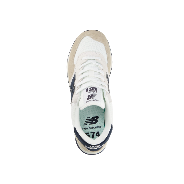 Top view of NEW BALANCE U574 Sea Salt/Linen, featuring the logo on insole and tongue; versatile running shoe.