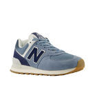 NEW BALANCE Women's 574 sneakers in blue/white with dark blue accents and tan outsole on a white background.