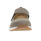 Front view of Dansko Women’s Carolina Walnut Suede Mary Jane sneaker with Velcro strap on white background.