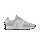 NEW BALANCE Women’s 327 Rain/White: gray/white, mesh & suede, large N logo, black rugged sole, profile view.
