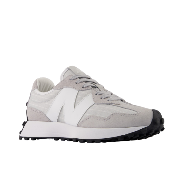 New Balance Women’s 327 Rain/White running shoes with black sole and N logo, shown angled on a white background.