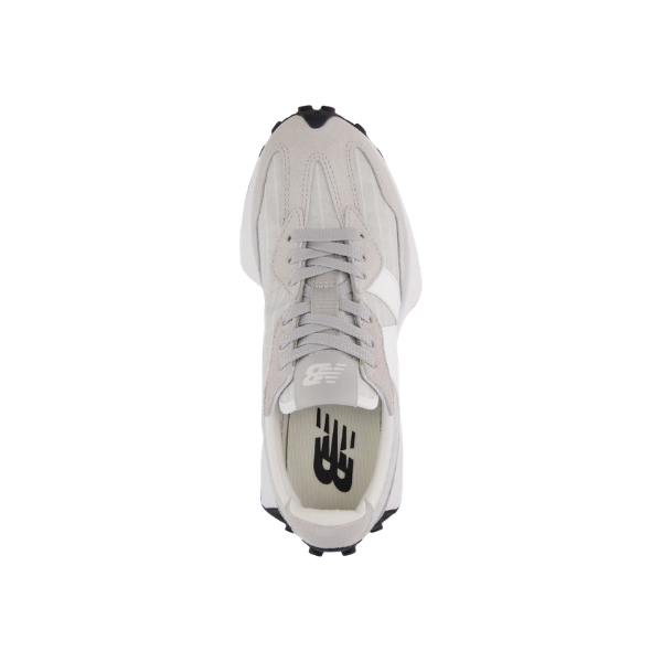 Top view of NEW BALANCE Women’s 327 Rain/White running shoes, light gray and white, logo on the tongue.