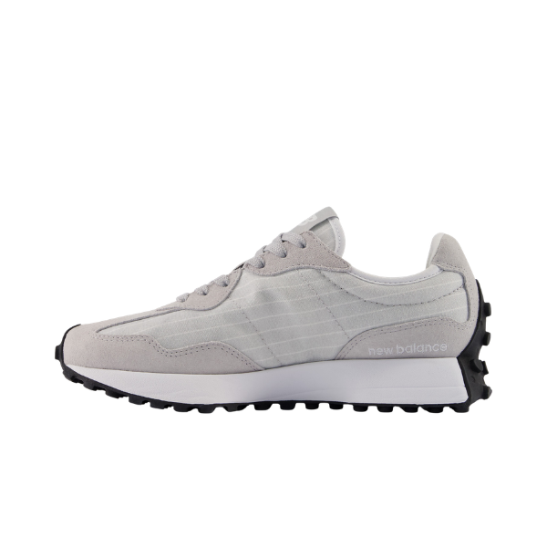 NEW BALANCE 327 Rain/White women’s shoes with black sole, great for foot pain relief, shown on a white background.