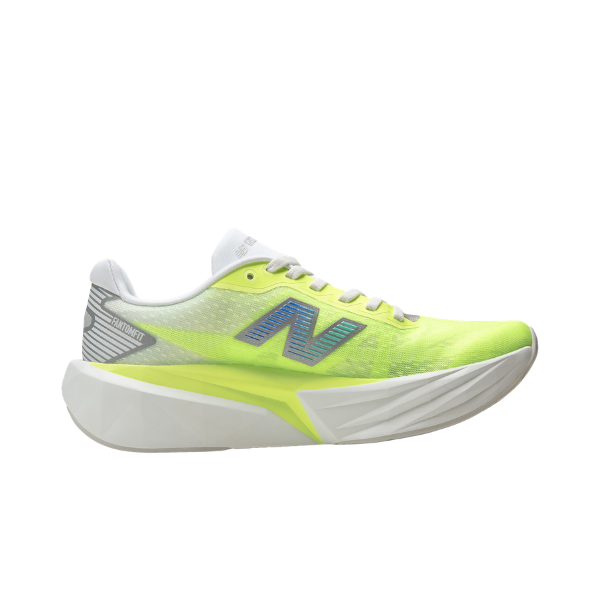 A green/grey New Balance Women’s FuelCell Rebel v5 Wide road shoe with a thick white sole.