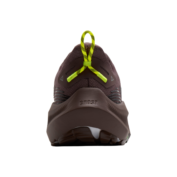 BROOKS Men’s Ghost Trail Brown, shown from the back with all-terrain traction and a yellow heel pull tab.