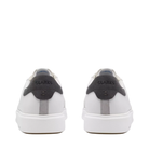 Back of Clarks Men’s Code C Tie Wide White sneakers, gray heel accents, CLARKS branding on each heel. Lucky Feet Shoes