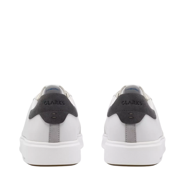 Back of Clarks Men’s Code C Tie Wide White sneakers, gray heel accents, CLARKS branding on each heel. Lucky Feet Shoes