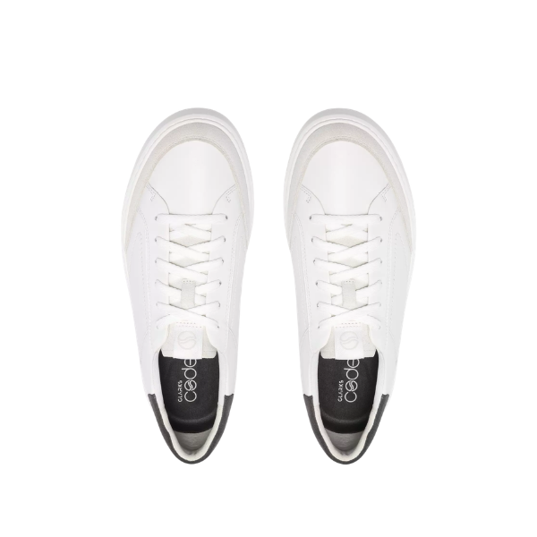 Clarks Men’s Code C Tie Wide White sneakers with advanced comfort, black insoles, and white leather uppers. Lucky Feet Shoes