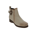 SOVELLA Sovella Women’s Gabriella Boot Beige: comfy slip-on leather boots with brown low heel & side buckle. Lucky Feet Shoes
