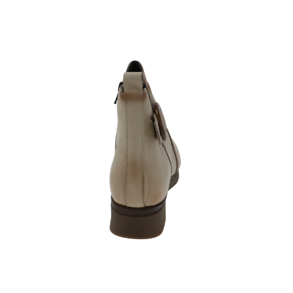 SOVELLA Sovella Women’s Gabriella Boot Beige, back view with zipper and brown sole; comfy slip-on boot. Lucky Feet Shoes