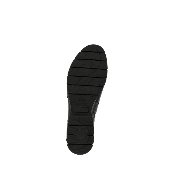 Black sole with horizontal treads, shown from below, on Sovella Women’s Gabriella Boot Black by SOVELLA, white background. Lucky Feet Shoes