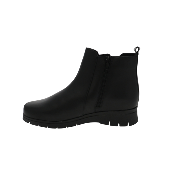 SOVELLA Women’s Gabriella Boot Black: Stylish ankle boot with side zipper, low heel, and textured sole for comfort. Lucky Feet Shoes