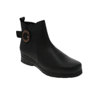 SOVELLA Women’s Gabriella Boot Black: stylish low wedge ankle boot with strap and plantar fasciitis comfort. Lucky Feet Shoes