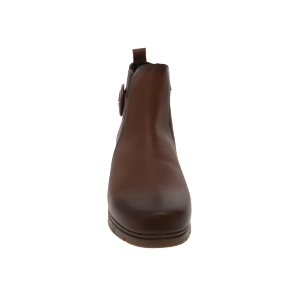 Front view of Sovella Women’s Gabriella Boot Brown by SOVELLA, with buckle detail, shown on a white background. Lucky Feet Shoes