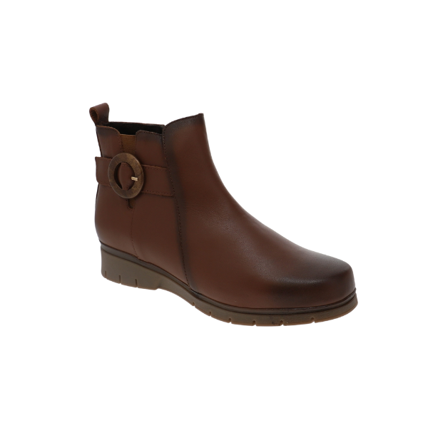 SOVELLA Women’s Gabriella Boot Brown: Stylish low-wedge ankle boots with buckle, Italian leather-inspired design. Lucky Feet Shoes
