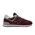 The New Balance Unisex 574 Magenta sneaker features magenta with gray and white accents, a white midsole, black outsole, signature N logo, and gray laces—perfect for combining style and comfort.