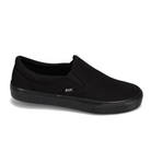The Rival Mens Deuces Black by RIVAL, INC. is a black slip-on canvas sneaker with a rubber sole and a small side label reading RIVAL, designed for comfort and shown against a white background.
