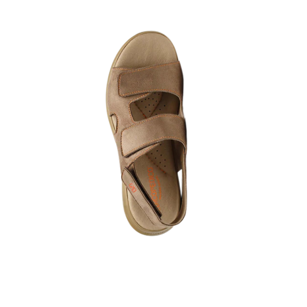 The ARCOPEDICO Arcopedico Womens Sumava Sandal Taupe features two Wide Velcro straps, an adjustable back-strap, open toe, and a perforated insole for ventilation—designed for comfort and viewed from above.