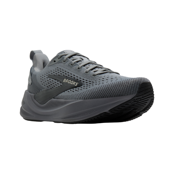 BROOKS Ghost Max 4 men’s running shoes, grey with black accents, mesh upper, thick cushioned sole, low front view.