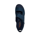 Top view of the Arcopedico Womens Sumava Sandal Blue by ARCOPEDICO, a dark blue sandal with two adjustable hook and loop closures, visible stitching, and the ARCOPEDICO brand name on the insole.