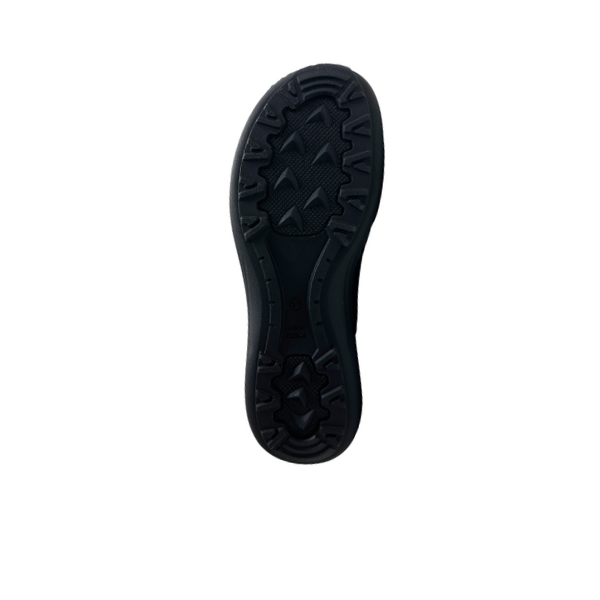 The ARCOPEDICO Arcopedico Womens Sumava Sandal Blue features a black sole with a rugged geometric tread for traction, durability, and foot pain relief. Displayed against a white background. Ideal for comfortable walking.