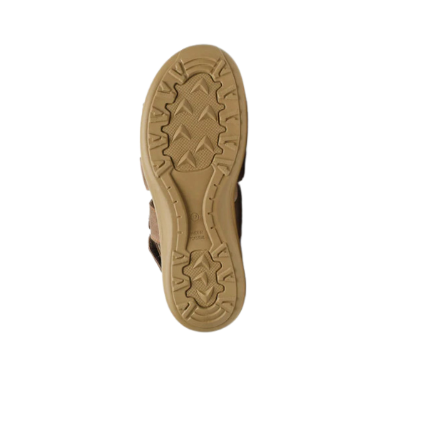 The image shows the sole of the ARCOPEDICO Womens Sumava Sandal in Taupe, with a rugged tread for grip and an adjustable back-strap for a secure fit. The background is transparent.