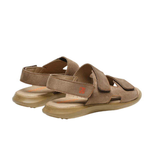 The ARCOPEDICO Womens Sumava Sandal in taupe features adjustable Velcro straps, a back-strap, and cushioned soles. Shown from the back and side angles against a white background.