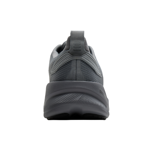 Rear view of BROOKS Ghost Max 4 Men’s running shoe in grey, with thick textured sole and cushioning on white background.