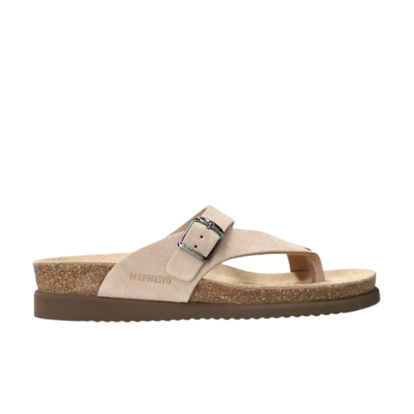 The Mephisto Womens Helen Sand by MEPHISTO is a beige sandal with a cork footbed, brown sole, Wide strap with silver buckle, and arch support for pain relief. It features an open toe and has a simple, casual style.