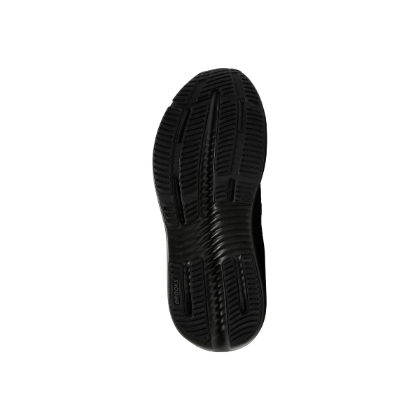 Textured black sole with ridged tread from BROOKS Men’s Ghost Max 4 Black/Black, on a white background.