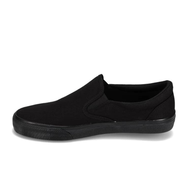 The Rival Mens Deuces Black by RIVAL, INC. is a plain black slip-on canvas sneaker with a rubber sole, designed for comfort and shown in side profile against a white background.