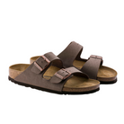 A pair of BIRKENSTOCK Womens Arizona (Narrow Width) Mocha two-strap sandals with adjustable buckles, soft footbed, and black soles are displayed on a white background.