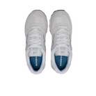 A pair of New Balance Mens 574 White/Grey running shoes are shown from above on a white background, highlighting the tops, laces, and blue insoles with the NEW BALANCE logo. Designed for comfort and foot pain relief.