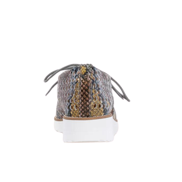 Rear view of DJANGO & JULIETT Django & Juliette Womens Onstage Pink Multi Leather shoes with a multicolored snakeskin pattern, white sole, and gray laces on a white background—stylish comfort footwear.