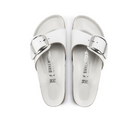 A pair of BIRKENSTOCK Womens Madrid Big Buckle White sandals with a Wide strap and large buckle, displayed from above on a white background.