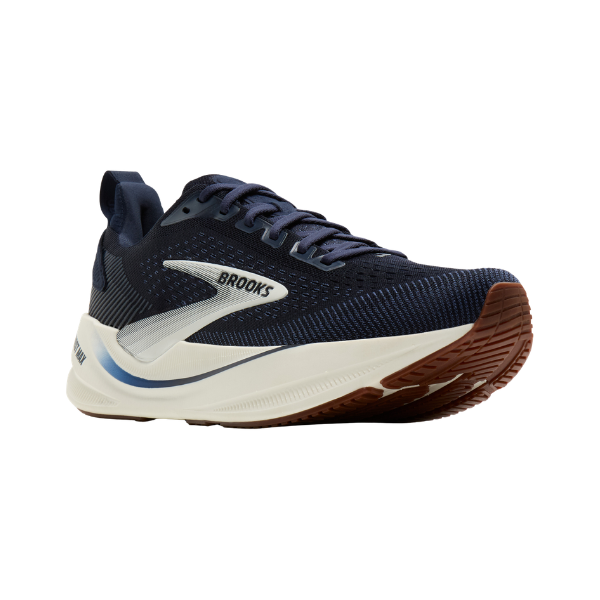 Brooks Men’s Ghost Max 4 Navy/White: cushioned sole, white & silver accents, brown-tread outsole.