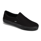 The Rival Mens Deuces Black by RIVAL, INC. is a plain black slip-on canvas sneaker with a rubber sole and a small side label reading RIVAL, designed for comfort with no laces or patterns.