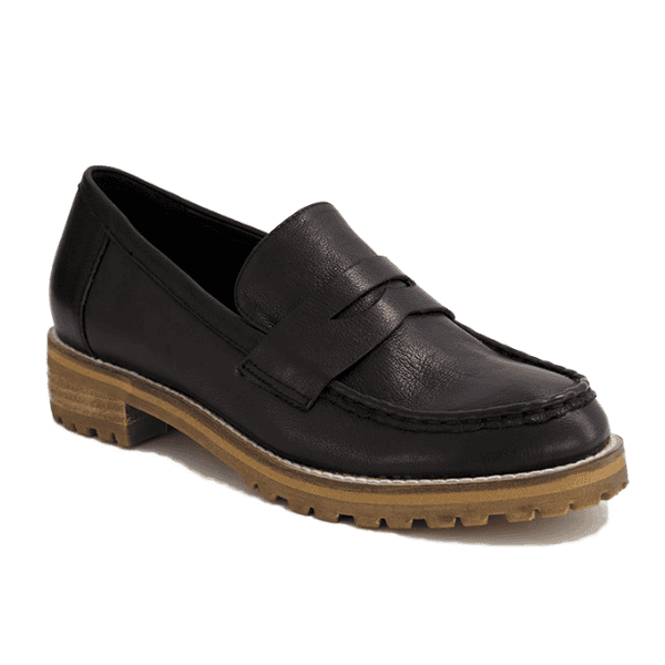 The ZIERA Womens Metters Wide Black loafer features black leather, a chunky tan rubber sole, low heel, penny strap, visible toe stitching, and a removable footbed—ideal for those seeking comfortable leather loafers.
