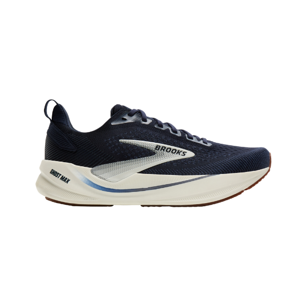 BROOKS Ghost Max 4 men’s running shoes in navy/white with high-stack cushioning and light blue accents.
