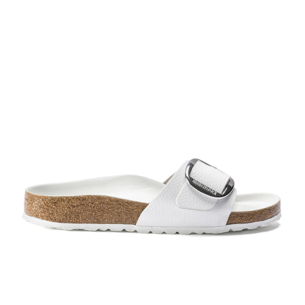 The Birkenstock Womens Madrid Big Buckle White sandal features a cork sole, white textured natural leather strap, silver buckle, and contoured white footbed, shown in side profile on a white background. Brand: BIRKENSTOCK.