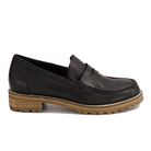 The ZIERA Womens Metters Wide Black loafer features black leather, a chunky light brown rubber sole, low heel, moccasin stitching, a penny slot detail, and a removable footbed for comfort—shown here in side profile.
