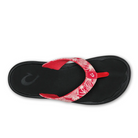 OLUKAI Womens Ohana Coral/Lehua Flower/Onyx sandal with a red and white tropical strap and anatomical footbed, shown from above on a white background.