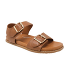 The ZIERA Womens Hastice Tan Leather sandals feature two Wide leather straps with large gold buckles, an ankle strap, flat sole with visible stitching, foam cushioning, and an open toe and heel for comfort and style.