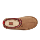 Top view of UGG Womens Tazz Slippers in Chestnut featuring cozy UGGplush™ lining, decorative red and white trim, a red heel pull tab, and a stylish platform outsole.