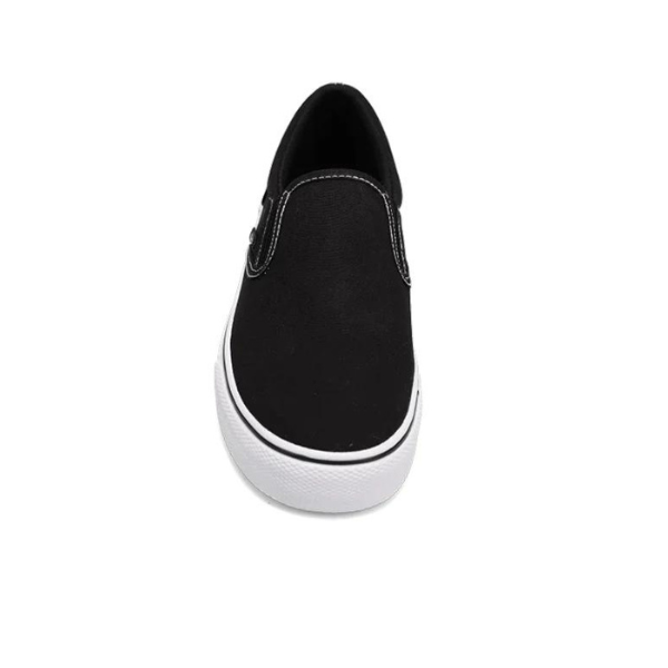 The RIVAL, INC. Rival Womens Deuces Black/White slip-on sneaker features black canvas, white stitching, a thick white rubber sole, and a comfort-focused design, shown from above on a plain white background.