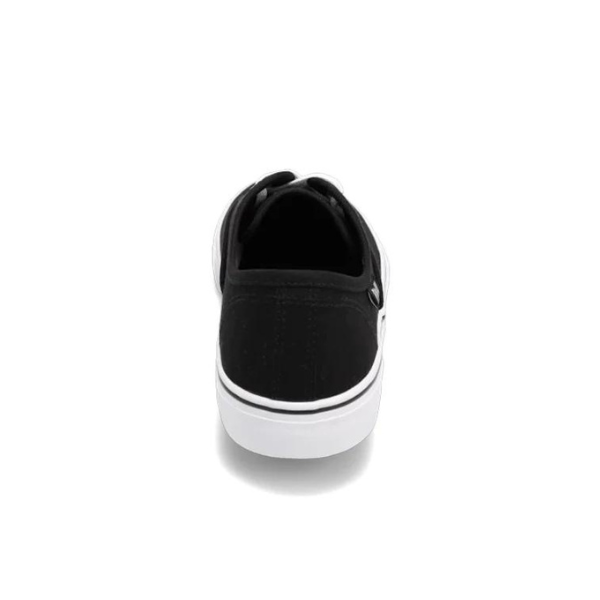 The Rival Womens Trips Black/White sneaker by RIVAL, INC. is shown from the back, featuring black canvas and a white rubber sole against a plain white background.